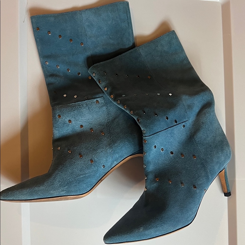 IRO Teal Suede Mid-Calf Pointed-Toe Studded Heeled Boots